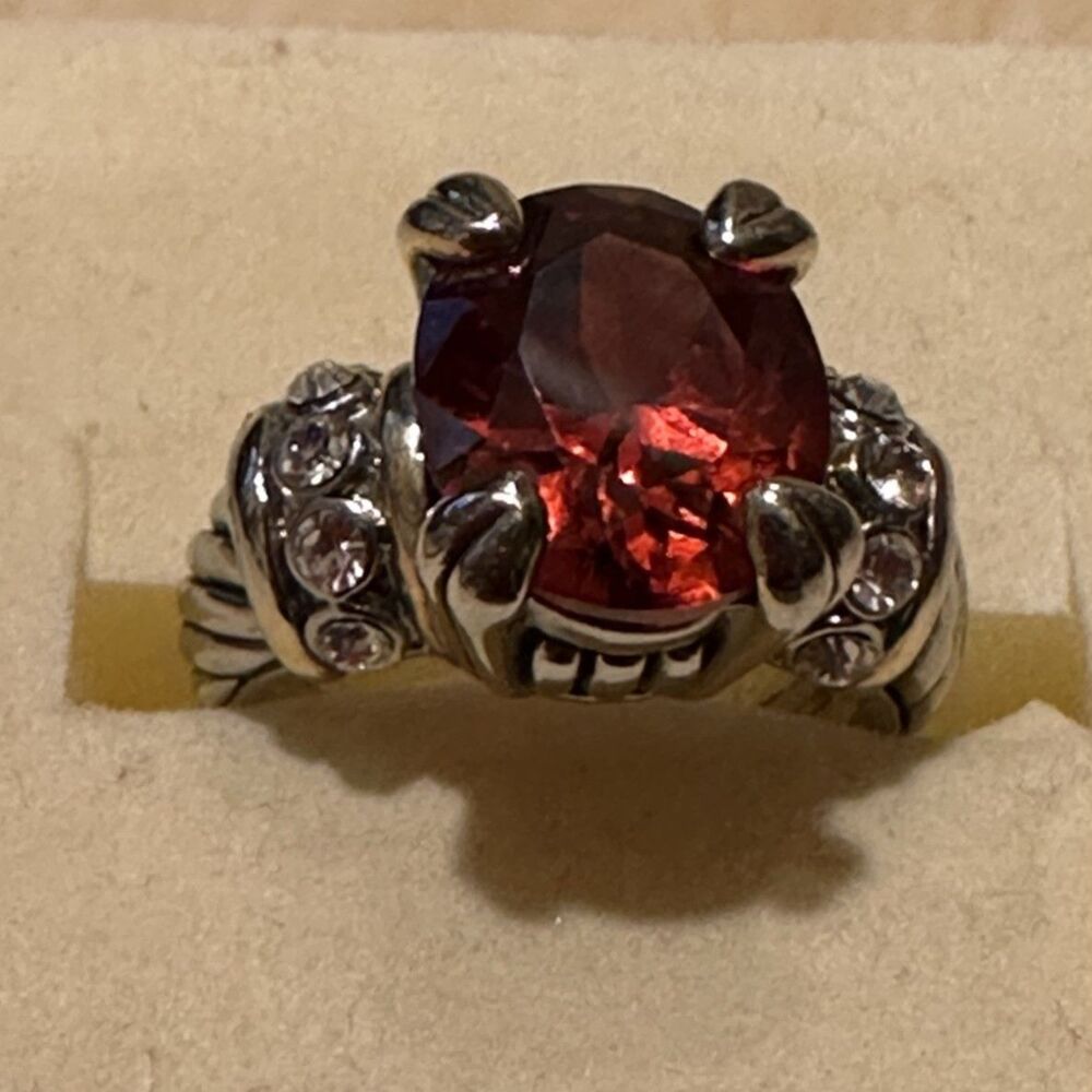 Designer-Style Silver Tone Cable Band Red Garnet CZ Statement Ring Size 6